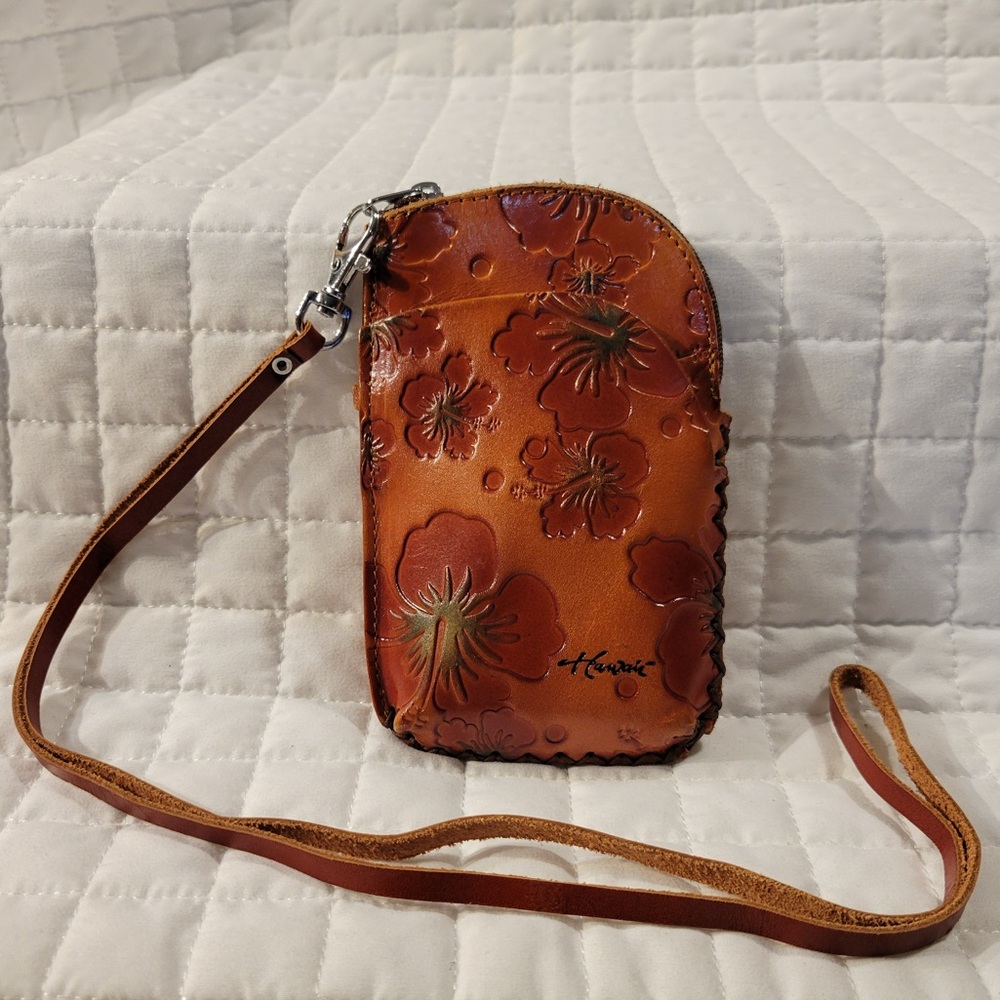 Handcrafted Leather Crossbody Cellphone Bag with Hibiscus Floral Hawaiian Design